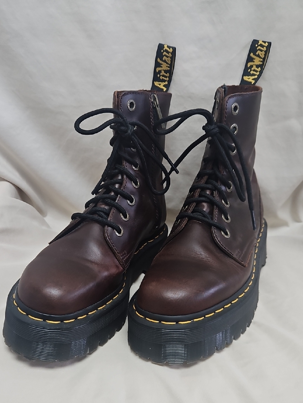 Dr. Martens Jadon Brown Leather Platform Lace-Up Boots with Yellow Stitching